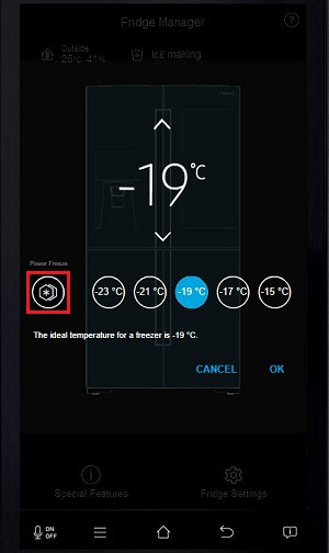 Tap the power freeze button to activate power freeze mode