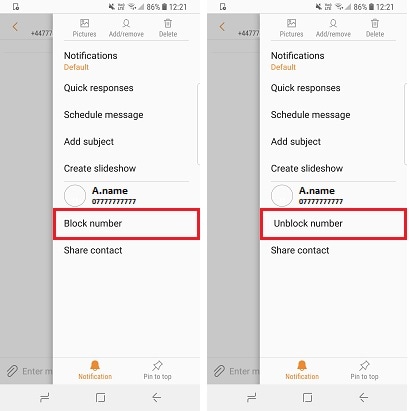 Tap block or unblock messages