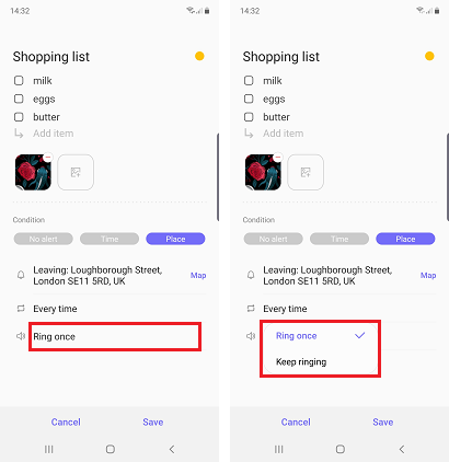 Tap ring once to choose between the alert happening once or continually