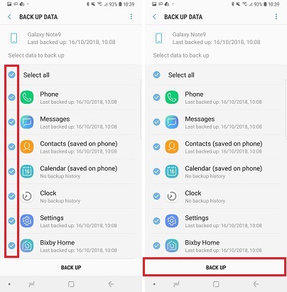 Select the data you want to back up, then choose Back up