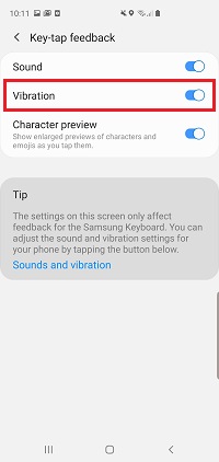 How do I switch vibration and off when I tap keys and icons (hapticfeedback)?