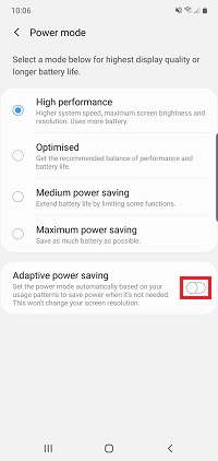 Tap the switch next to adaptive power saving