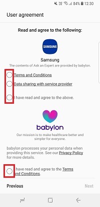 Choose the check boxes to accept the terms and conditions