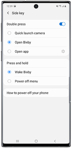 Select Side key preferences on Galaxy Note10