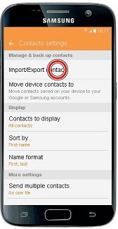 Import/Export Contacts menu is selected