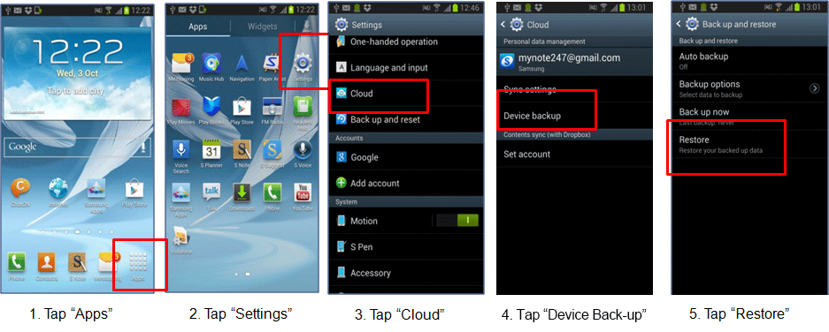 1) Tap Apps, 2) Tap Settings, 3) Tap Cloud, 4) Tap Device Backup, 5) Select Restore