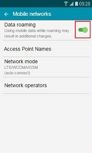 How do I turn international data roaming on or off on my Samsung Galaxy