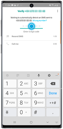 Enter the verification code that the app has sent to your phone vis SMS