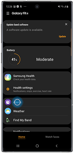 Tap Alarm in the Galaxy Wearables app on a Galaxy smartphone
