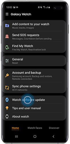 Tap Watch software update in Galaxy Wearable app