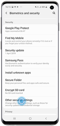 Tap to enter the Other security settings menu on a Galaxy S10