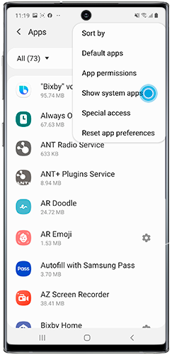 Tap Show system apps on a Galaxy smartphone