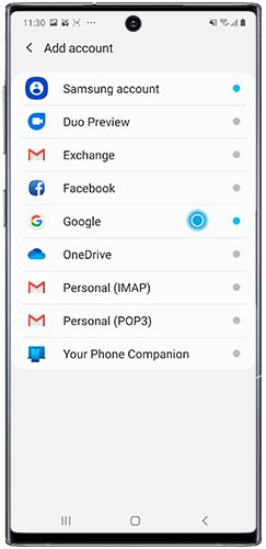 Tap Google to add a Google Account to a Galaxy smartphone
