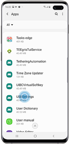 Tap USBSettings in Apps menu on the Galaxy S10