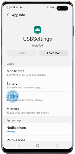 Tap Storage in USBSettings menu on Galaxy S10