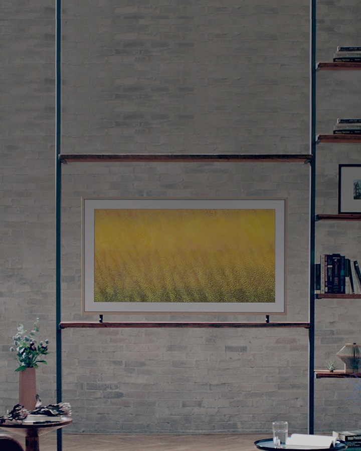 The frame on a free-standing shelf unit in a living room.