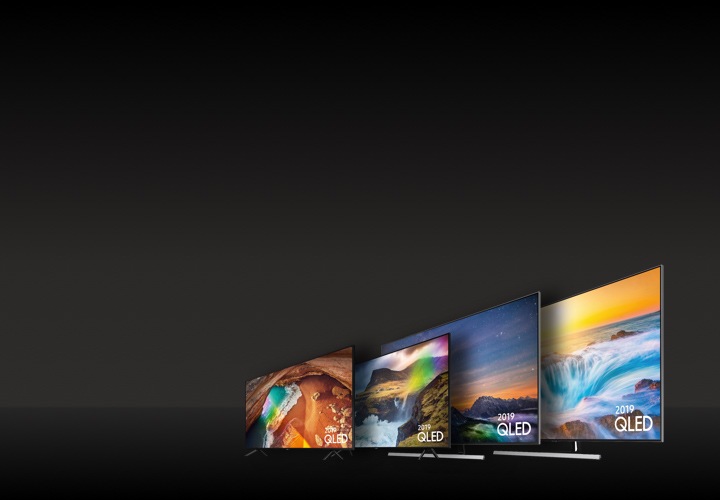 Different screen size laid behind one another as seen from an angle. Representing the availability of different Samsung TV sizes.