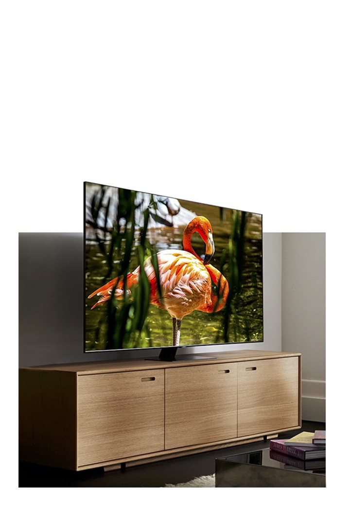 Buying Guide A QLED TV sits at a semi-side angle view in a simulated living room environment. In the simulated image, the living room lights are turned on and on the screen of the QLED TV is an image of a flamingo. As the lighting of the simulated living room is dimmed down, a simulation of QLED TV's light sensor's capability shows the brightness and contrast of the on-screen colour illustration being optimised automatically.