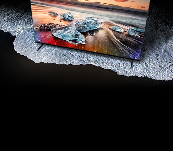 Samsung QLED 98 inch tv which has the largest tv size is displaying a big screen photo. It is the biggest QLED 8K in the world.