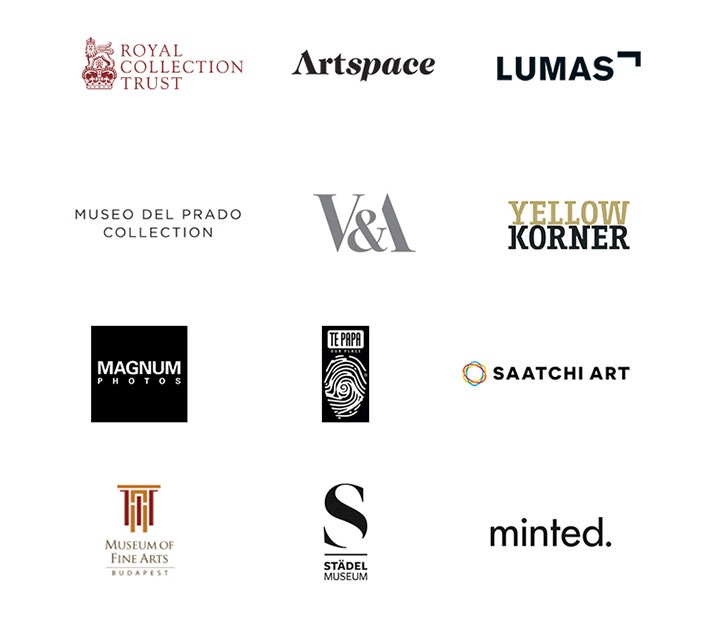 The logos of 12 partner companies who provide art to the Art Store are shown, including: Royal Collection Trust, Artspace, Lumas, Magnum Photos, Te Papa, Saatchi Art, Museo del Prado, V&A, YellowKorner, Museum of Fine Arts, Städel Museum, and Minted.