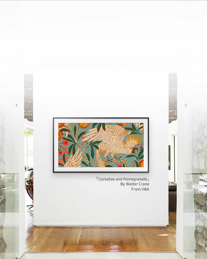 The Frame TV displays the art, “Cockatoo and Pomegranate” By Walter Crane from The Victoria and Albert Museum. It’s ready to turn any living room into a beautiful space.