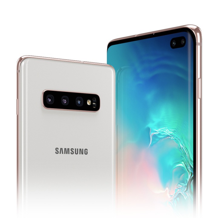 A back and front view of the Galaxy S10 plus, showing 3 rear cameras and an ultra-wide lens, and 2 front cameras
