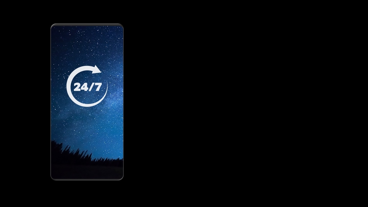 Silueta de un teléfono Galaxy con una imagen del cielo nocturno en la pantalla y un gráfico que dice 24/7 rodeado de una flecha circular que apunta en el sentido de las agujas del reloj.