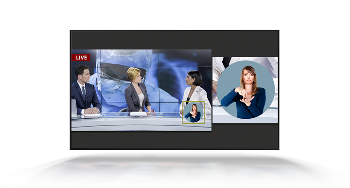 Un programa de noticias en vivo se está reproduciendo en un televisor y lo está traduciendo un intérprete de lenguaje de señas. La ventana del intérprete en pantalla se ha agrandado automáticamente para que los usuarios puedan verlo con mayor claridad.