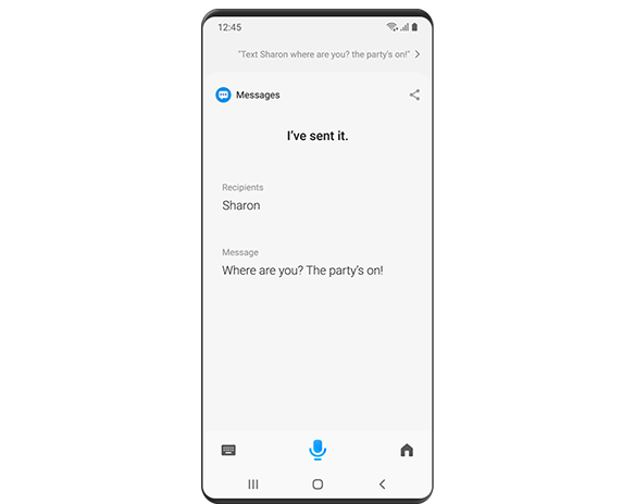 Una pantalla de Galaxy muestra un mensaje de texto enviado a Sharon usando las funciones de control de Bixby con el texto: “¿Dónde estás? ¡La fiesta comenzó!”.