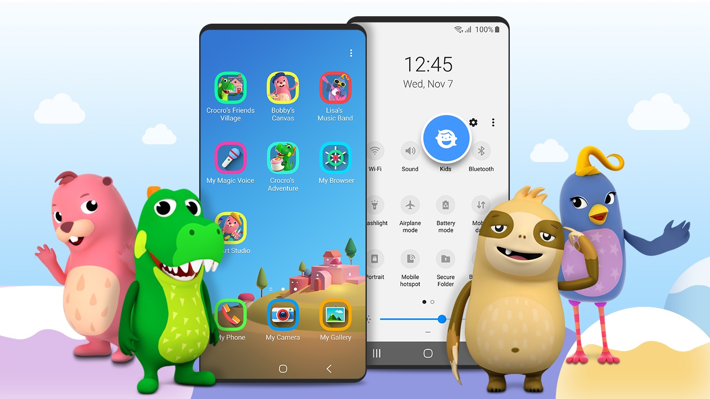 Un teléfono inteligente frente a un fondo ilustrado con una imagen simulada de la interfaz de usuario de Samsung Kids y las siguientes aplicaciones que se muestran en la pantalla: Crocro's Friends Village, Bobby's Canvas, Lisa's Music Band, My Magic Voice, Crocro's Adventure, mi navegador, My Art Studio, mi teléfono, mi cámara y mi galería. Los niños pueden aprender mientras juegan con los personajes Cooki, Crocro, Bobby y Lisa de Samsung Kids.