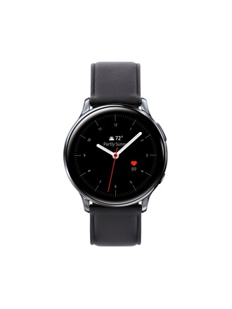 Una toma de producto de un Galaxy Watch Active2 negro. La hora en la esfera del reloj marca las 10:08 a. m.