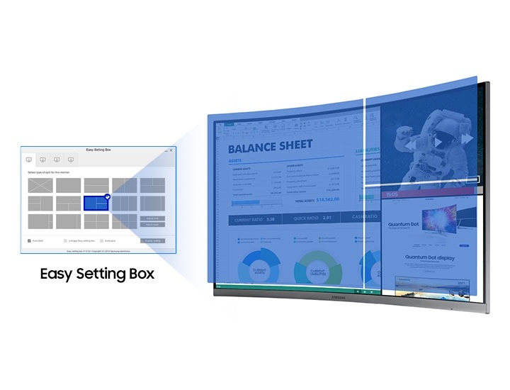 La imagen describe el software Easy Setting Box, que se puede utilizar para dividir varias pantallas. A la izquierda se escribe Easy Setting Box.