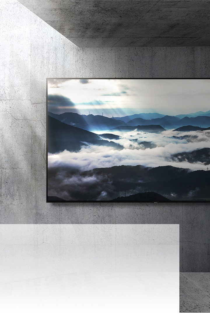 Un televisor de pantalla grande colgado en una pared de concreto muestra una escena de la naturaleza en resolución 4K mientras ingresa luz natural desde la izquierda.