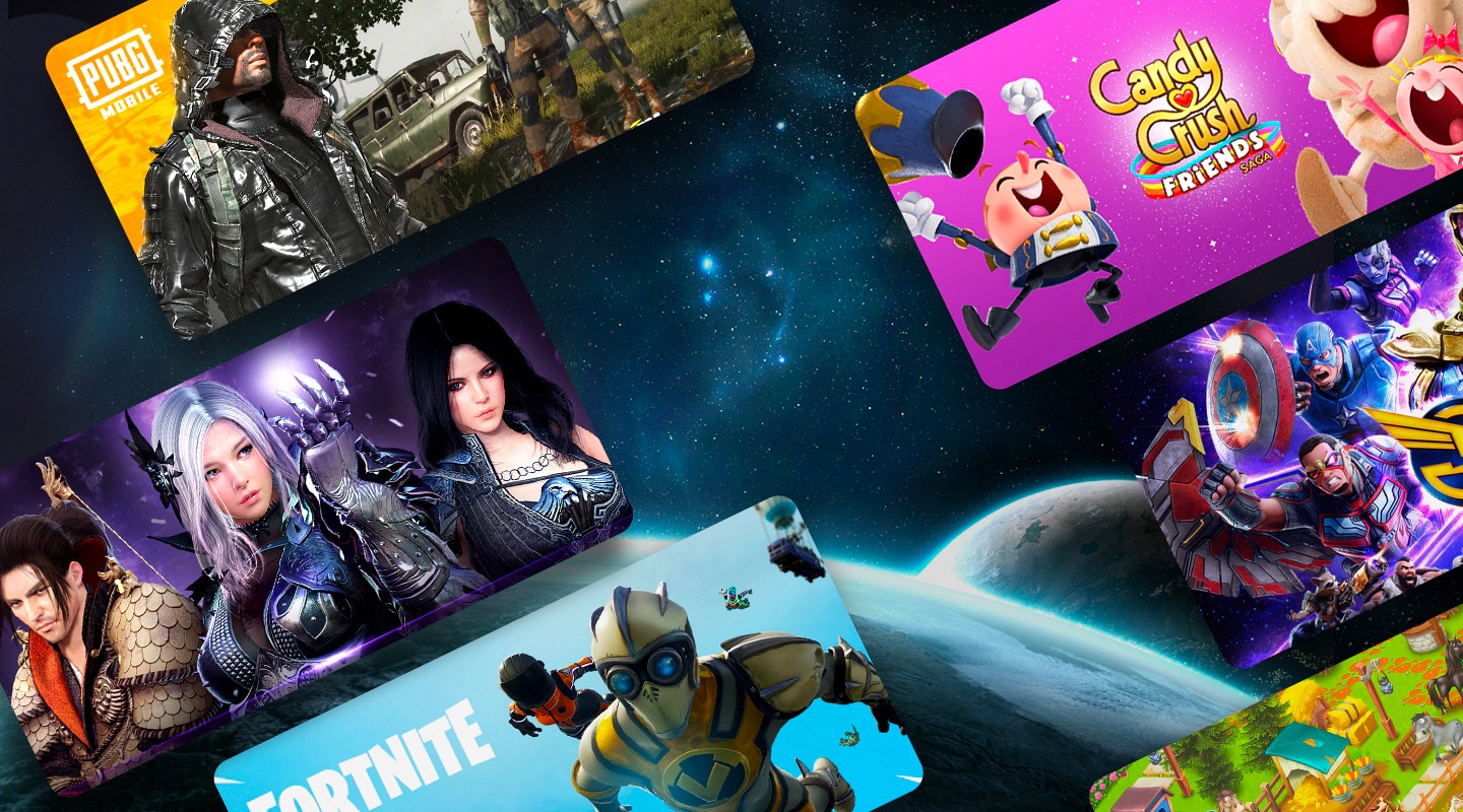 Olam qiyofasida aks ettirilgan turli xil o'yin ekranlari: battlegrounds, candy crush friends, marvel strike force va fortnite.