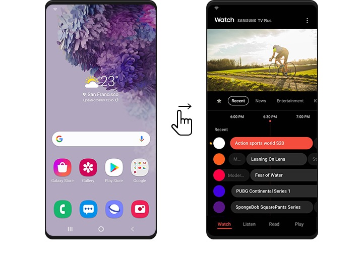 Два телефона Galaxy, на примере которых показано как получить доступ к ресурсу Samsung Free с главного экрана Galaxy. Смахивание влево иконки между этими устройствами означает, что смахивание влево с домашнего экрана приводит к открытию программы Samsung Free.
