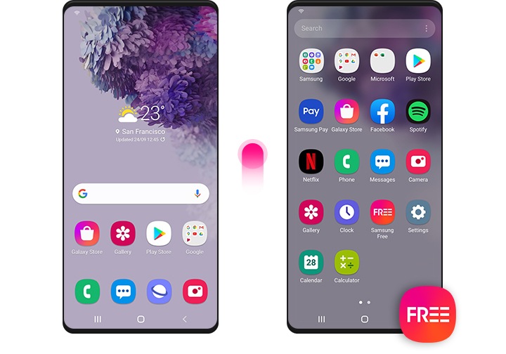 Два телефона Galaxy, на примере которых показано как получить доступ к ресурсу Samsung Free с главного экрана Galaxy. Смахивание снизу вверх на главном экране открывает список приложений, где вы кликнуть иконку Samsung Free и открыть это приложение.