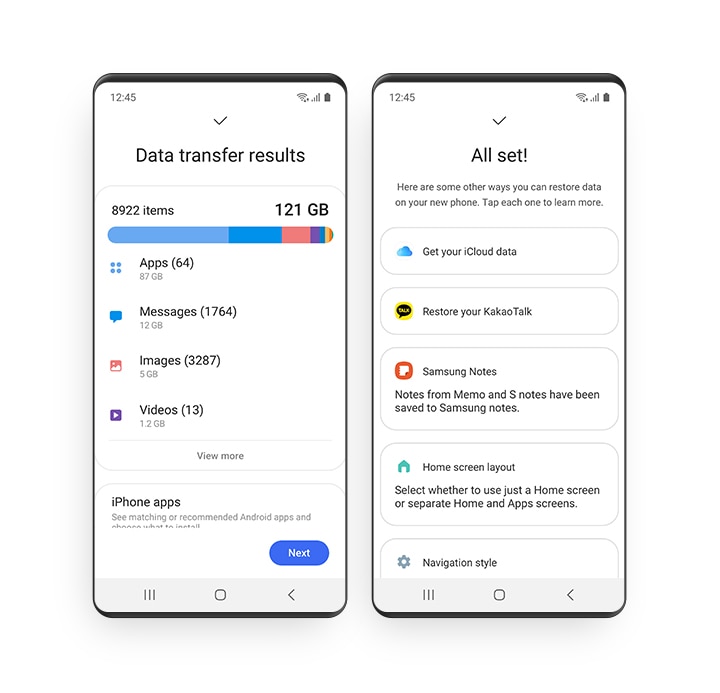 A Galaxy GUI shows various Smart Switch options. To the right, an illustration indicates copying data from iCloud to Galaxy.