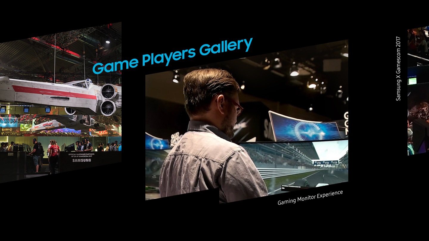 2016 EA Play Joueur jouant à un jeu de voiture sur un moniteur gaming samsung