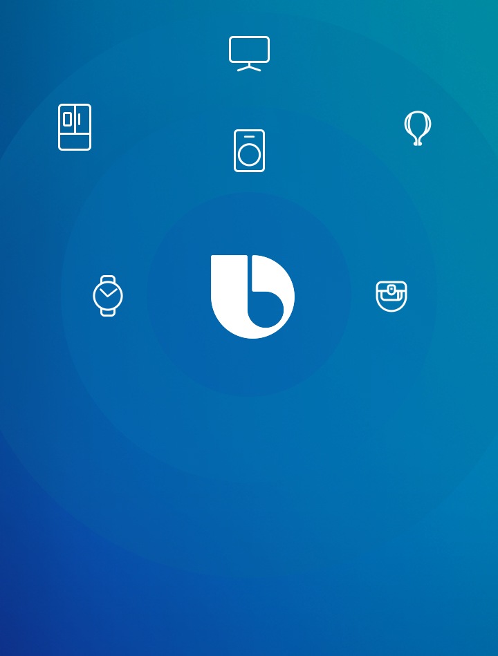 Icon images of a washing machine, refrigerator, smart watch, TV, headset and robot vacuum are lined up against a background with a circular pattern of varying shades of blue with the Bixby logo placed at the center.