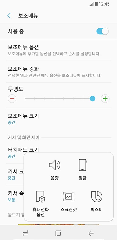 접근성 항목에서 하드웨어 버튼 화면을 보여주고 있습니다.