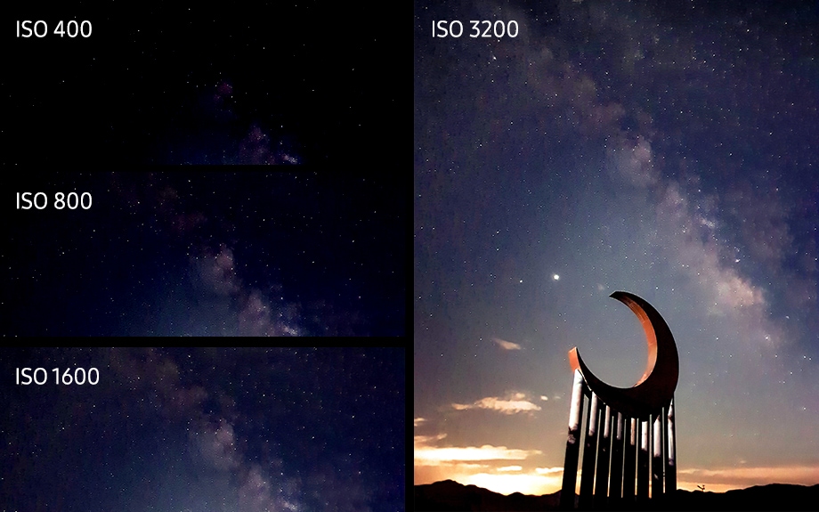 동일한 밤하늘 사진 네 가지가 있고, 각각 ISO 400, 800, 1600, 3200으로 표시되어 있습니다. ISO가 동일한 사진에 어떤 영향을 주는지 비교하는 이미지입니다. 마지막 ISO 3200 사진만 은하수를 배경으로 한 초승달 모양의 조형물이 있는 모습입니다.