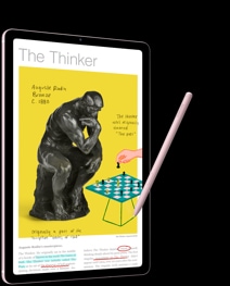 '갤럭시 탭 S6 Lite의 화면에는 '생각하는 사람' 동상 이미지가 그려져 있고, S펜으로 체스판을 그리고 있습니다.