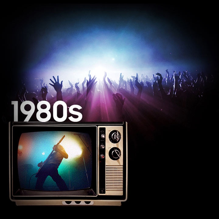 Background image of a concert audience with their hands raised, next to a 1980’s era television displaying a guitarist playing on a stage.
