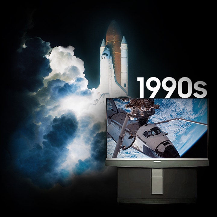 Background image of a space shuttle lifting off, next to a 1990’s era television displaying the shuttle Discovery in orbit with its hatch open.