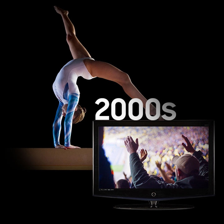 Background image of a gymnast performing on a balance beam, next to a 2000’s era television displaying a cheering crowd at a sporting event.