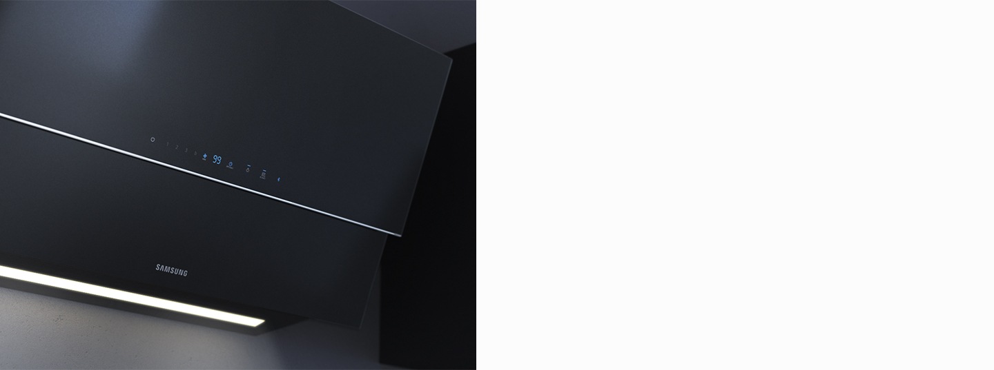 Samsung cooker hood on kitchen in modern home. Dynamic Angle shot of Black Samsung cooker hood
