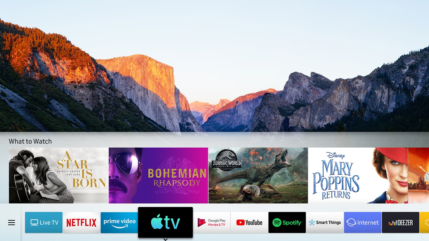 The newly added Apple TV app is included in the Samsung Smart TV user interface. You can enjoy various movies or watch Apple TV channels as well.