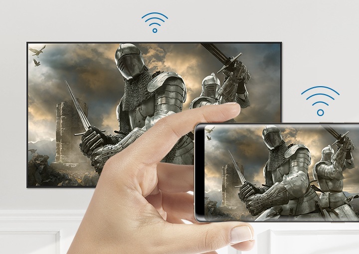 Mobile Phone and Smart TV sharing a same screen with the Wi-Fi icon; On the screens, Two men are armed with medieval armor and holding each sword.