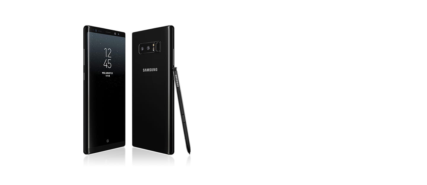 Two Galaxy Note8 phones, one seen from the volume button side at a three quarter angle with the AOD onscreen, and the other seen from the rear at a three quarter angle with the S Pen leaning against it