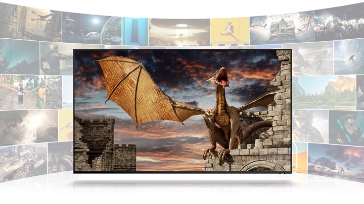 En Smart TV som visar en dataanimerad drake i ruinerna efter ett slott. Bakom Smart TV:n visas många olika skärmar med olika bilder för att representera de olika typerna av innehåll som finns tillgängligt via olika Smart TV-appar.
